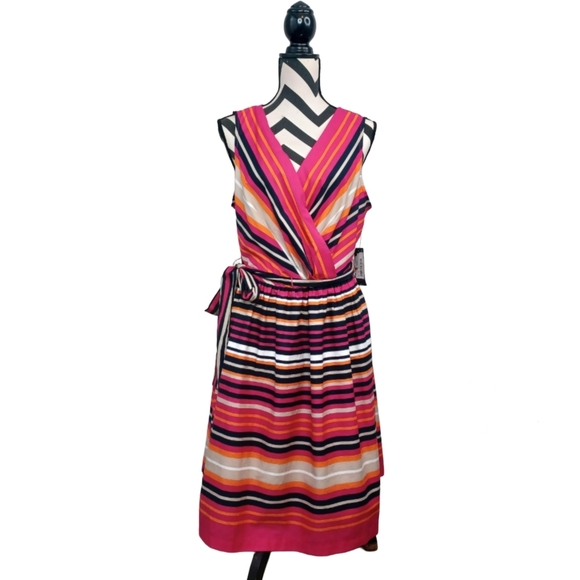 NWT Tommy Hilfiger Sz 14 Striped 100% Cotton Fit & Flare Dress - Picture 1 of 13